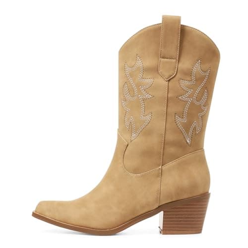 Vimisaoi Women's Retro Embroidered Mid Calf Cowboy Boots