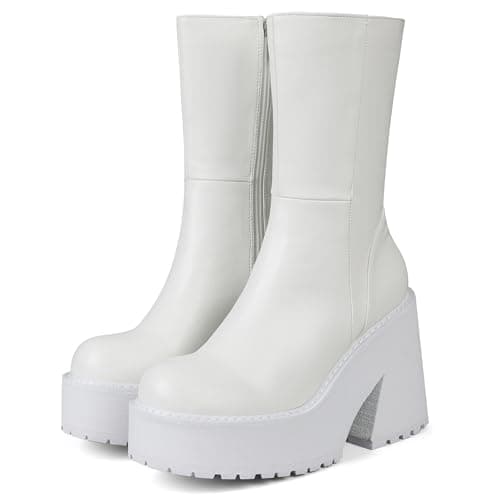 AMINUGAL Women's Chunky Wedge Heel Ankle Boots with Zipper - Fashionable Mid Calf Combat Booties
