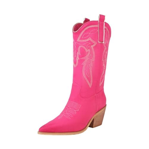 Reitoye Women's Embroidered Western Cowboy Mid Calf Boot with Chunky Heel