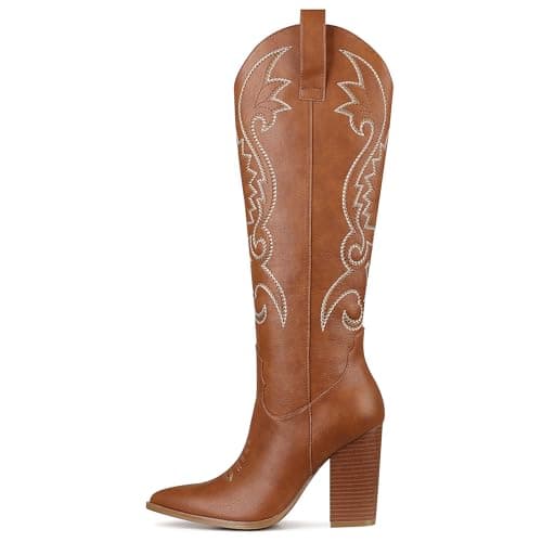 VOMIRA Pointed Toe Chunky Heel Knee High Cowboy Boots