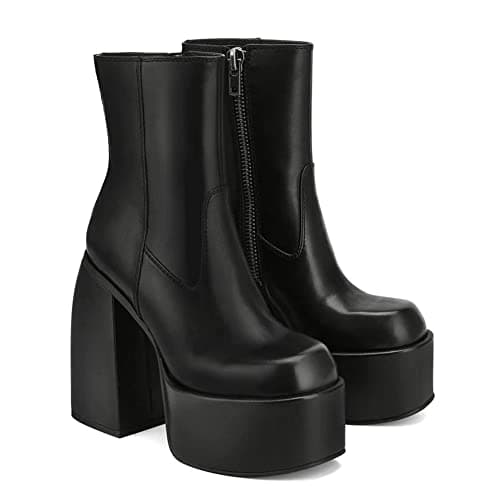 Women's Chunky High Heel Ankle Boots - Pu Leather Square Toe Zipper Platform Boots