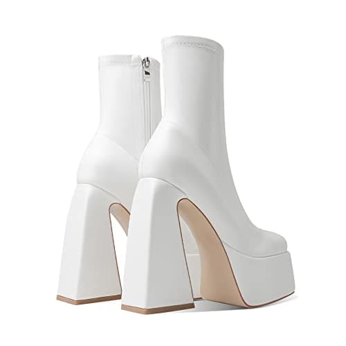 Woman Mid Calf Square Toe Chunky Heel Zipper Booties