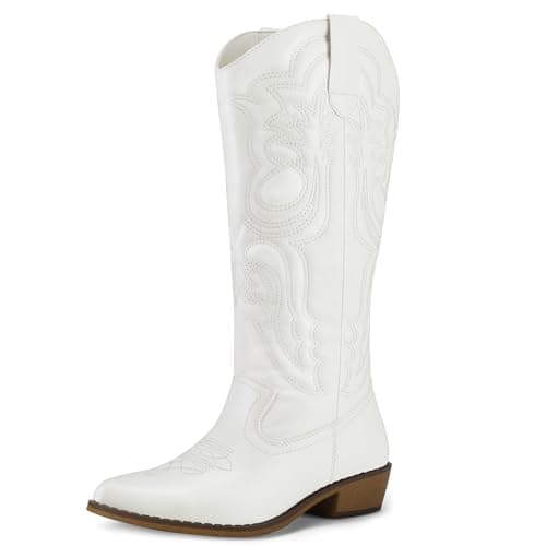 Mysoft Women's Cowboy Boots - Embroidered Knee High Pointed Toe Heel