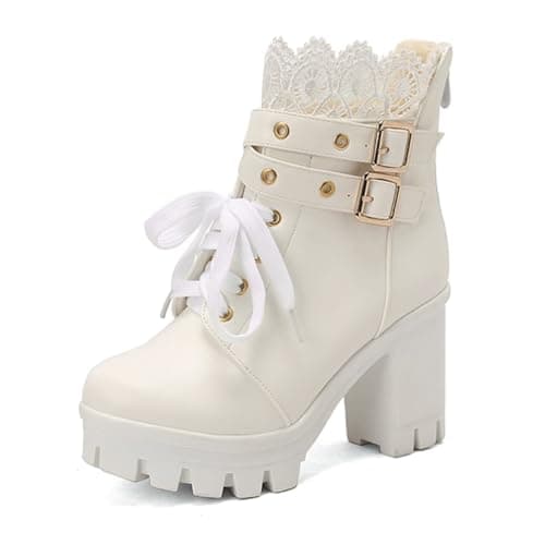 MEOTINA Goth Chunky Platform Ankle Boots with Lace and Buckle