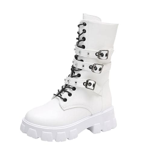 UOQAPRE Women's High Heel Combat Boots Square Toe Lace-Up Ankle Booties