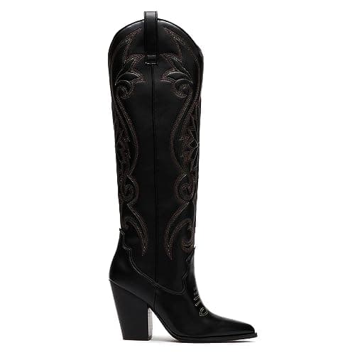 VOMIRA Pointed Toe Chunky Heel Knee High Cowboy Boots