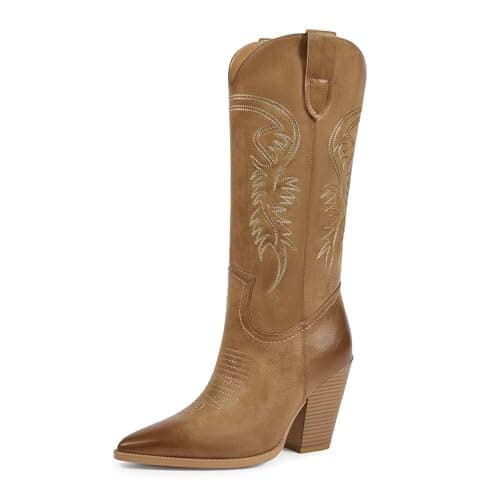 ISNOM Women's Pointed Toe Chunky Heel Cowboy Boots