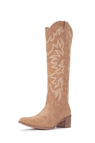 IUV Women's Knee High Western Cowgirl BootsWith Side Zipper & Chunky Heel