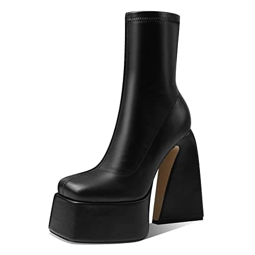 Woman Mid Calf Square Toe Chunky Heel Zipper Booties
