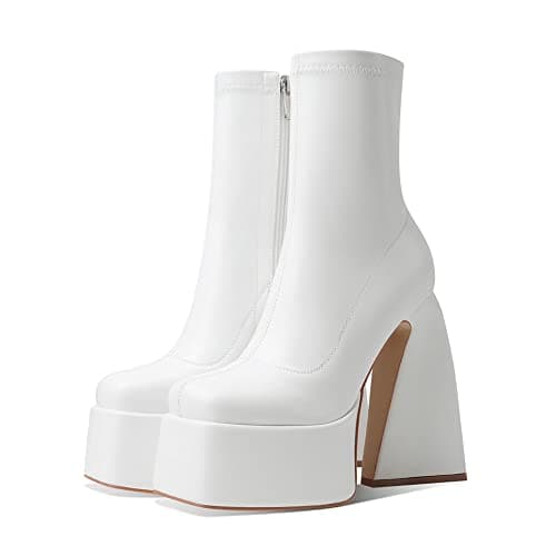 Woman Mid Calf Square Toe Chunky Heel Zipper Booties