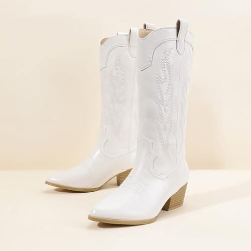 IDIFU IN2 Women's Mid Calf Embroidered Cowboy Bootschunky Heel Country Style Booties