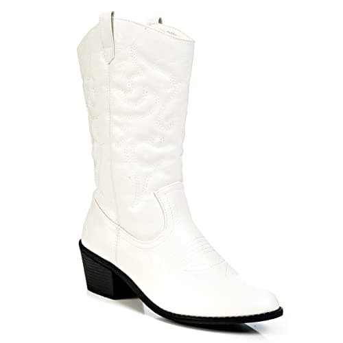 Charlies Albert Women's Mid-Calf Embroidered Cowboy Boots Low Stacked Heel Western