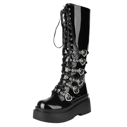 Parisuit Women's Gothic Knee High Lace-Up Buckle Boots Chunky Heel
