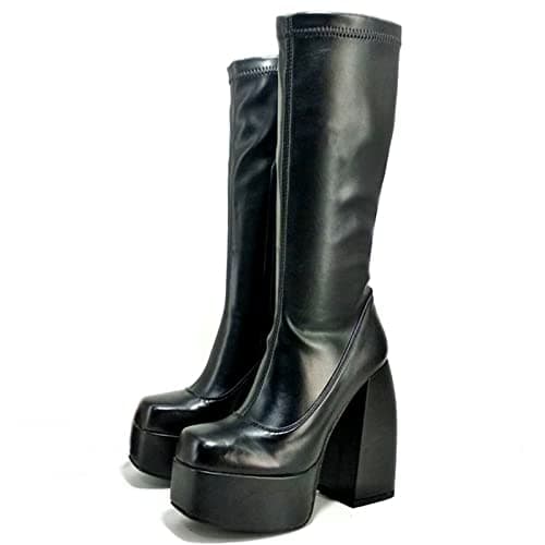 VOMIRA Women's Chunky Heel Square Toe Side Zipper Stretch Pu Leather GoGo Boots