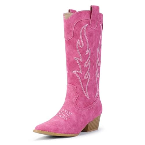IDIFU IN2 Women's Cowboy and Cowgirl Boots with Embroidery - Mid Calf, Chunky Low Heel, Pointed Toe, Perfect for Fashion and Weddings