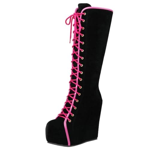 Parisuit Women's Gothic Knee High Lace-Up Buckle Boots Chunky Heel
