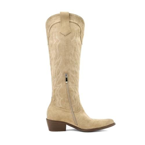 Eurouram Women's Knee High Cowboy Boots - Embroidered Pointed Toe, Wide Calf Heel