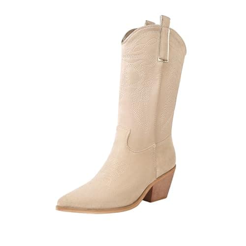 Reitoye Women's Embroidered Western Cowboy Mid Calf Boot with Chunky Heel
