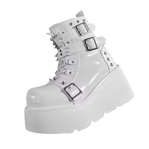 LETCLOCOM Women's Gothic Ankle Booties with Metal Buckle & Zip Lace-Up