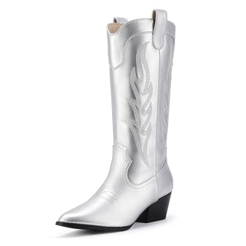 IDIFU IN2 Women's Cowboy and Cowgirl Boots with Embroidery - Mid Calf, Chunky Low Heel, Pointed Toe, Perfect for Fashion and Weddings