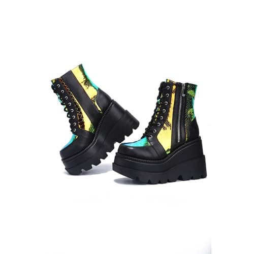 Cape Robbin Radio Holographic Platform Ankle Boots with Chunky Block Heels for Women + Holographic Design + Chunky Block Heels + Comfortable Walking + Women's Ankle Boots + Chunky Heels Ankle Boots + Trendy Holographic Ankle Boots