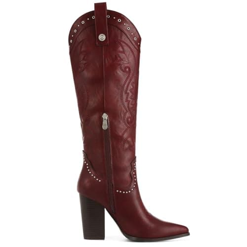 VOMIRA Pointed Toe Chunky Heel Knee High Cowboy Boots