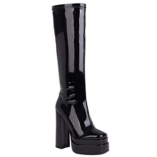VOMIRA Women's Black Platform Zip Go Go Boots with Square Toe Heel