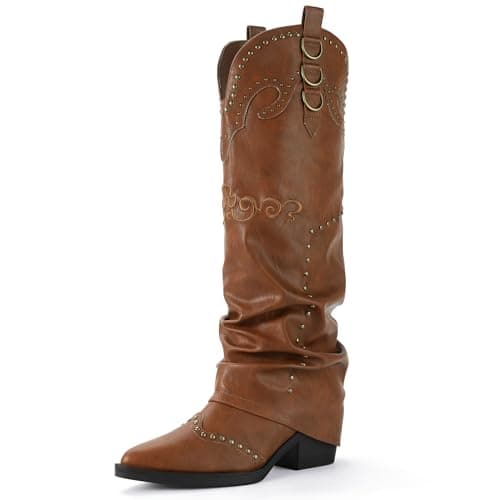 IDIFU IN2 Fold Over Cowboy Boots - Women's Western Embroidered Knee High Heel
