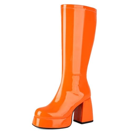 Roimaash Women's Mid-Calf Metallic Patent Platform Boots