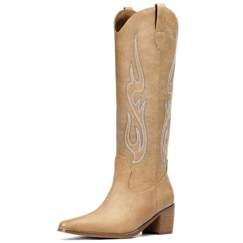 Western Cowboy Boots for Women - Knee High Wide Calf with Classic Embroidery