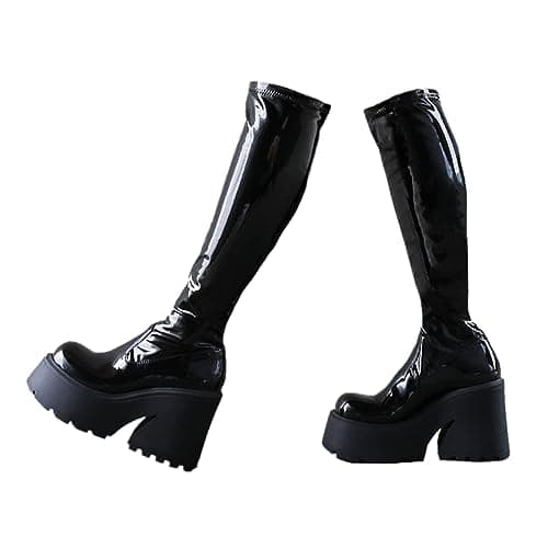 UOQAPRE Women's Winter Punk Chunky Mid-Calf Booties Heel Side Zip Rounds Toe