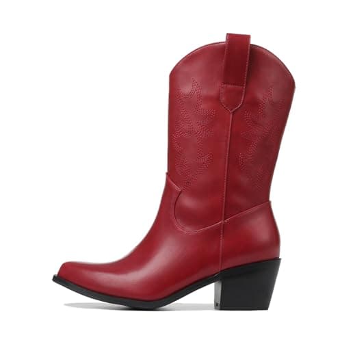 Vimisaoi Women's Retro Embroidered Mid Calf Cowboy Boots