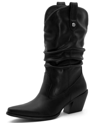 MISSMILLER Women's Embroidered Cowboy Boots with Chunky Heel Mid Calf