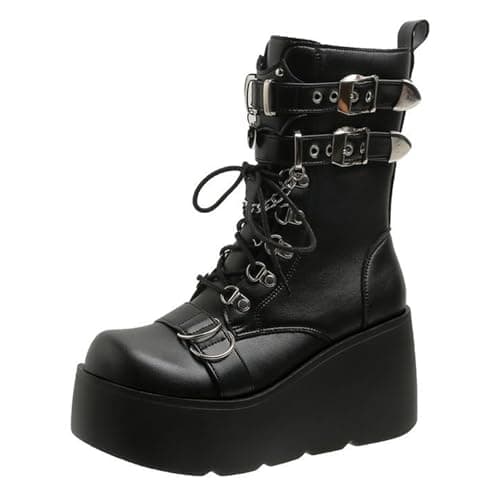 UOQAPRE Women's High Heel Combat Boots Square Toe Lace-Up Ankle Booties
