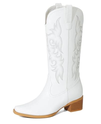 MISSMILLER Women's Embroidered Cowboy Boots with Chunky Heel Mid Calf