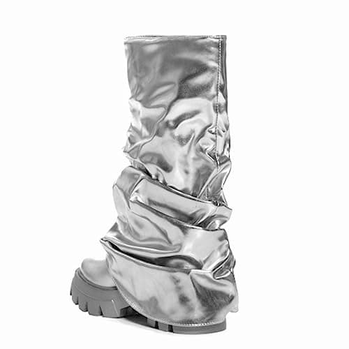 LISHAN Women's Metallic Fold-Over Pull-On Ruched Platform Heels