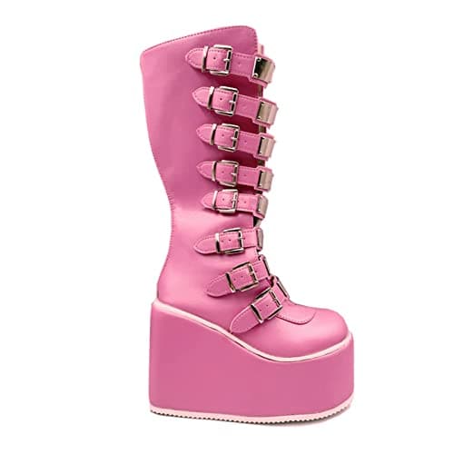 UOQAPRE Women's Winter Punk Chunky Mid-Calf Booties Heel Side Zip Rounds Toe