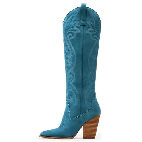 WIRALOMI Women's Embroidered Knee High Cowboy Boots