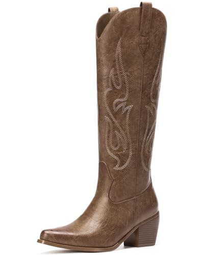 Western Cowboy Boots for Women - Knee High Wide Calf with Classic Embroidery