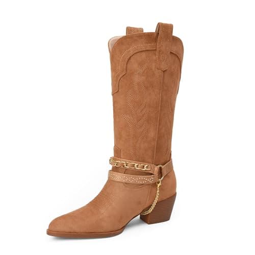 Faux Leather Cowboy Boots for Women with Chain & Embroidery