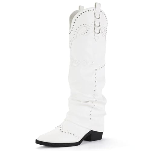 IDIFU IN2 Fold Over Cowboy Boots - Women's Western Embroidered Knee High Heel