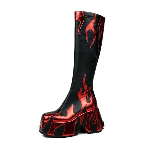 HiColor Women's High Heeled Flames Printing Chunky Sole Tall Boot
