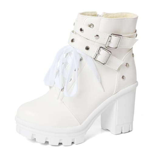 MEOTINA Goth Chunky Platform Ankle Boots with Lace and Buckle