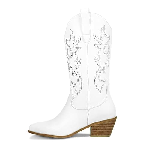 Ouepiano Women's Western Cowgirl Embroidered Boots, Mid Calf Pointed Toe Chunky Heel Pull-On Boots for Ladies