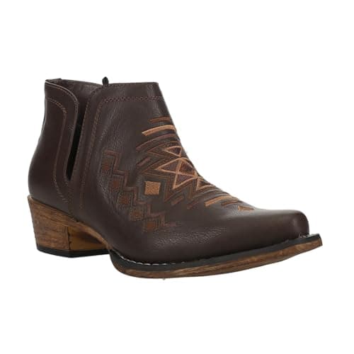 Roper Womens Ava Brown Embroidered Snip Toe Casual Boot - Low Heel 1-2"