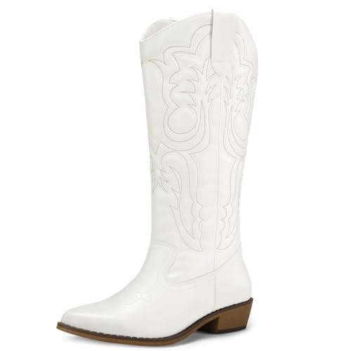 Mysoft Women's Cowboy Boots - Embroidered Knee High Pointed Toe Heel