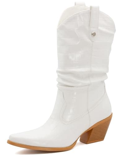 MISSMILLER Women's Embroidered Cowboy Boots with Chunky Heel Mid Calf