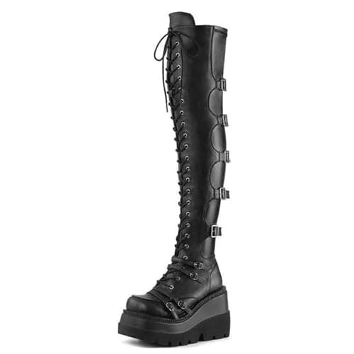 UOQAPRE Women's Winter Punk Chunky Mid-Calf Booties Heel Side Zip Rounds Toe