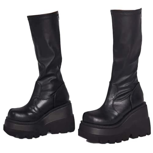 UOQAPRE Women's Winter Punk Chunky Mid-Calf Booties Heel Side Zip Rounds Toe