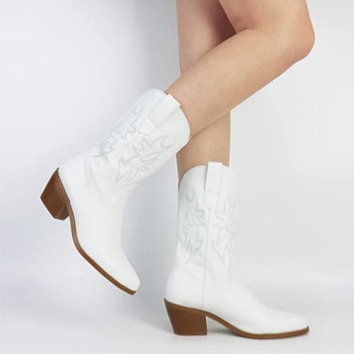 Vimisaoi Women's Retro Embroidered Mid Calf Cowboy Boots